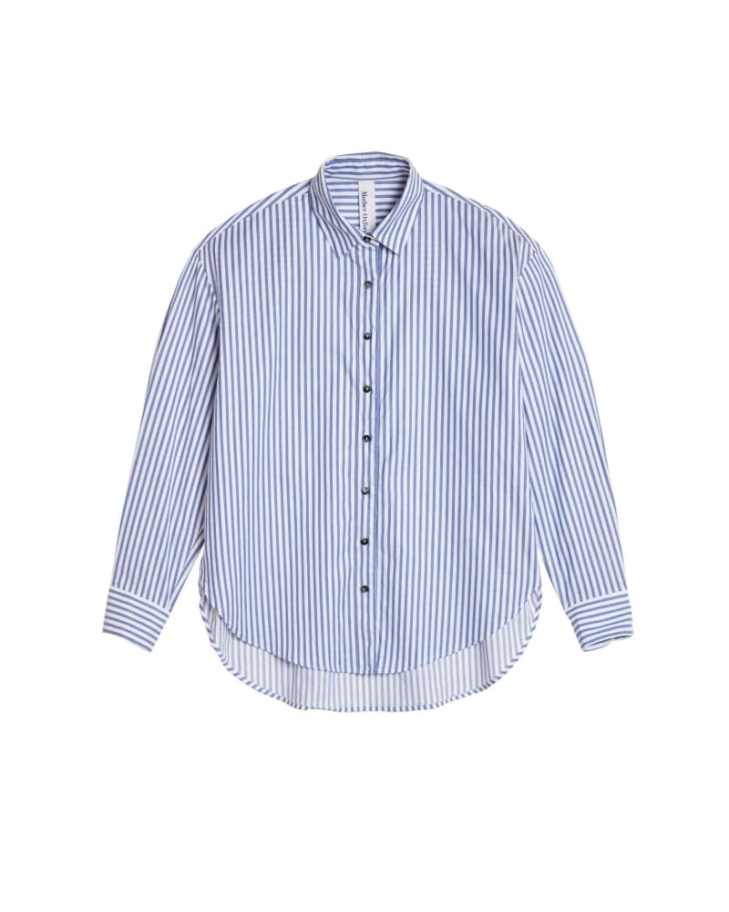 Front of a size 4 Mother Oxford in Blue and White Stripe by Mother Oxford. | dia_product_style_image_id:348342